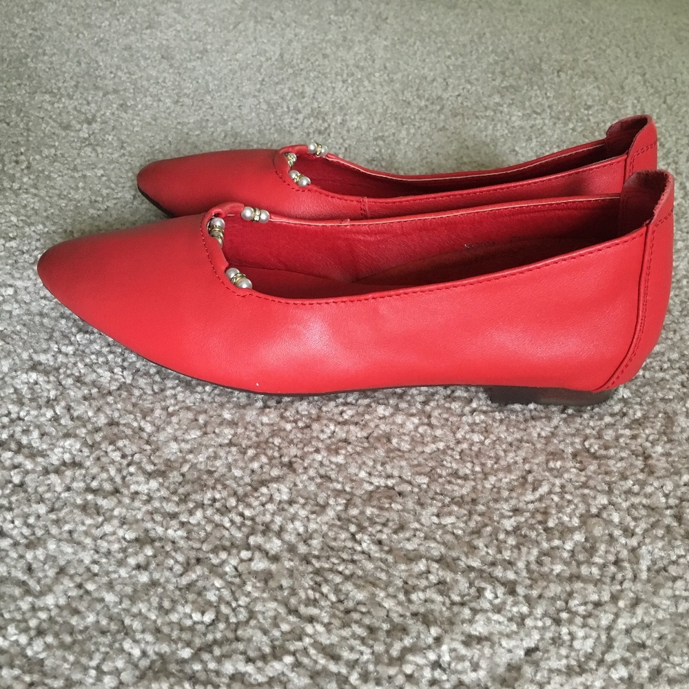 red leather flat shoes